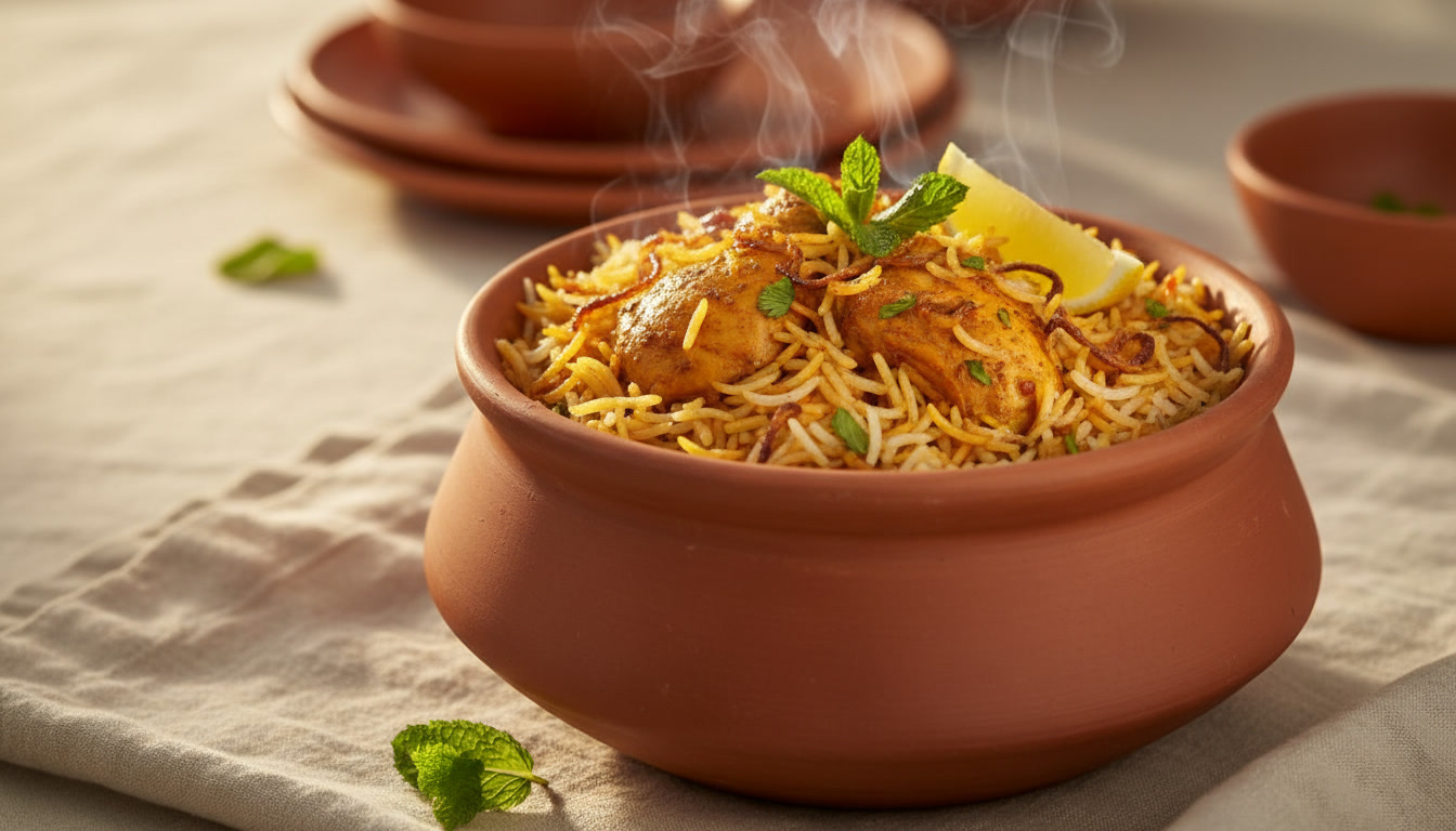 Chicken biryani in a clay handi pot with steam rising