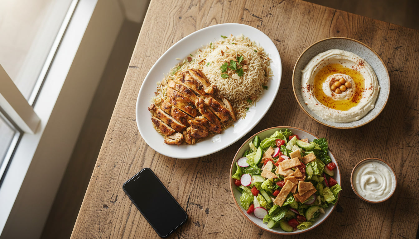 A warm Middle Eastern spread — shawarma plate, hummus, fattoush — photographed from above, a phone resting face-down beside it